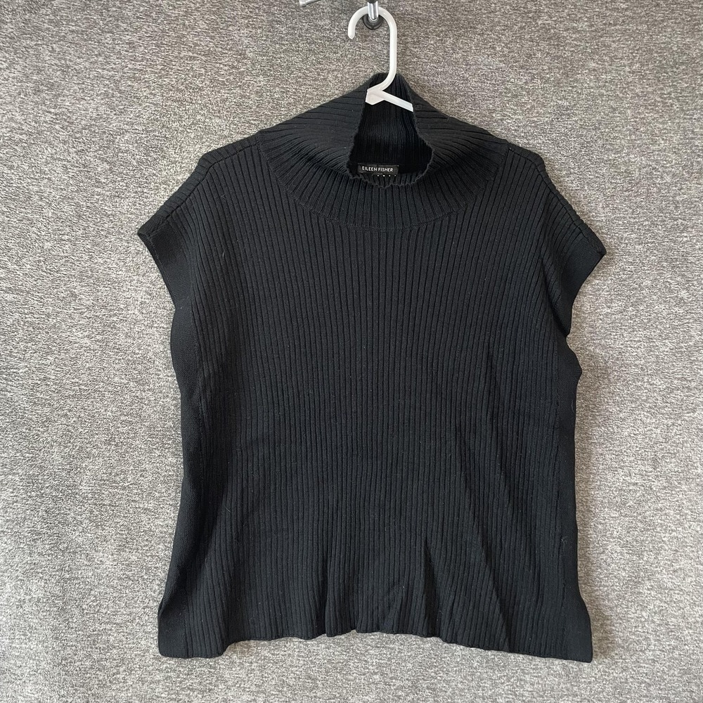 Eileen Fisher Sweater Womens Medium‎ Black 100% Merino Wool Mock Neck Sleeveless